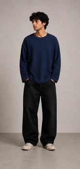 Navy Blue Waffle Knit Oversized Full Sleeve T-Shirt