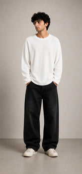 Off White Waffle Knit Oversized Full Sleeve T-Shirt