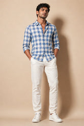 Sky Blue Check Linen Cotton Shirt for Men | Premium Check Shirt | Kapda Kulture