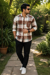 Brown & Beige Checkered Linen Cotton Shirt for Men | Premium Casual Shirt | Kapda Kulture