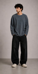 Slate Grey Waffle Knit Oversized Full Sleeve T-Shirt