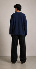 Navy Blue Waffle Knit Oversized Full Sleeve T-Shirt