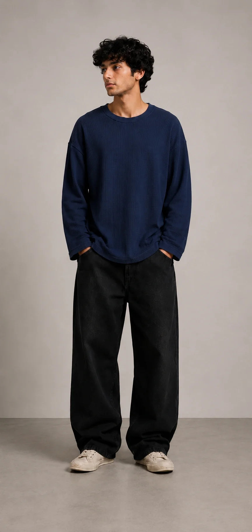 Navy Blue Waffle Knit Oversized Full Sleeve T-Shirt