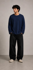 Navy Blue Waffle Knit Oversized Full Sleeve T-Shirt