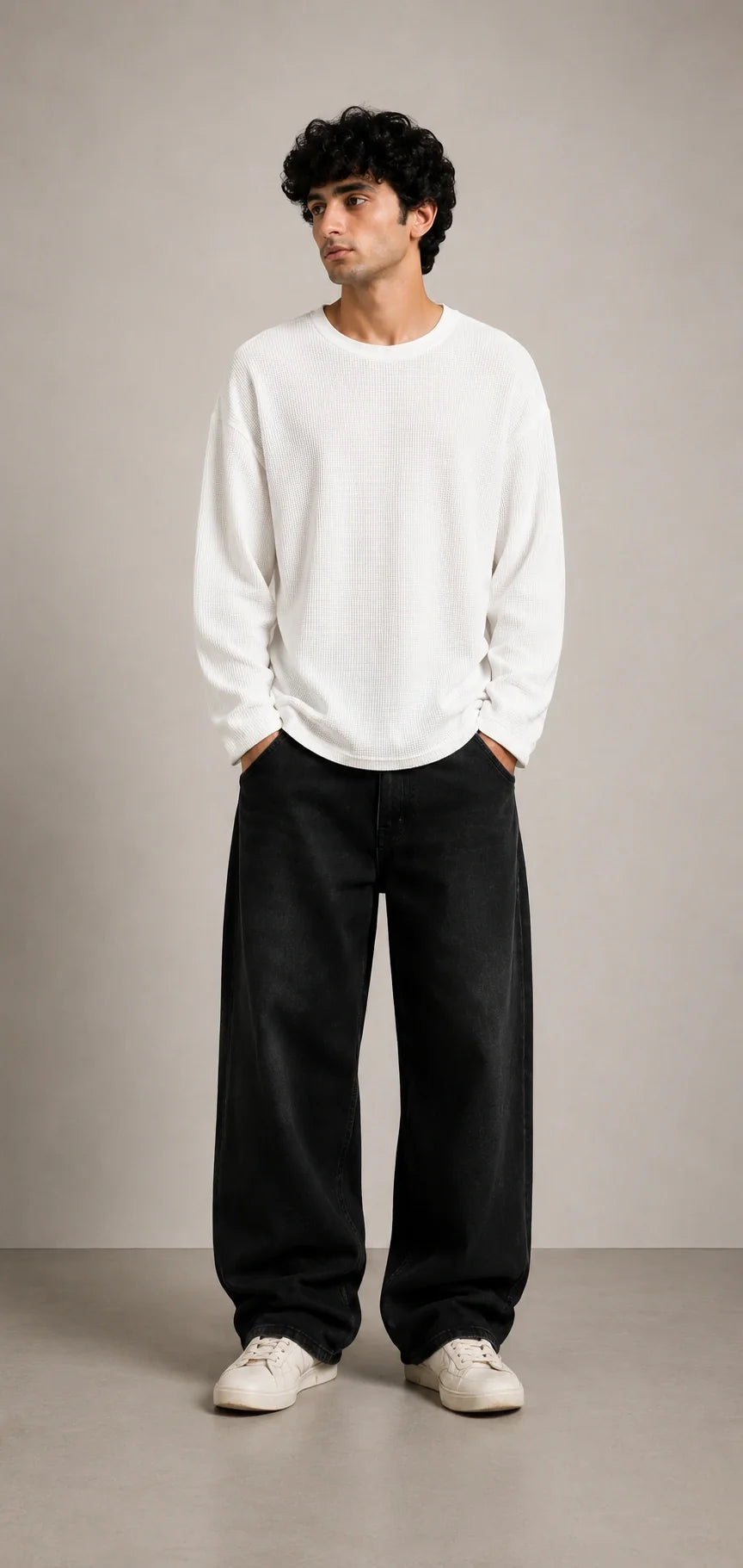 Off White Waffle Knit Oversized Full Sleeve T-Shirt