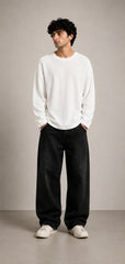 Off White Waffle Knit Oversized Full Sleeve T-Shirt