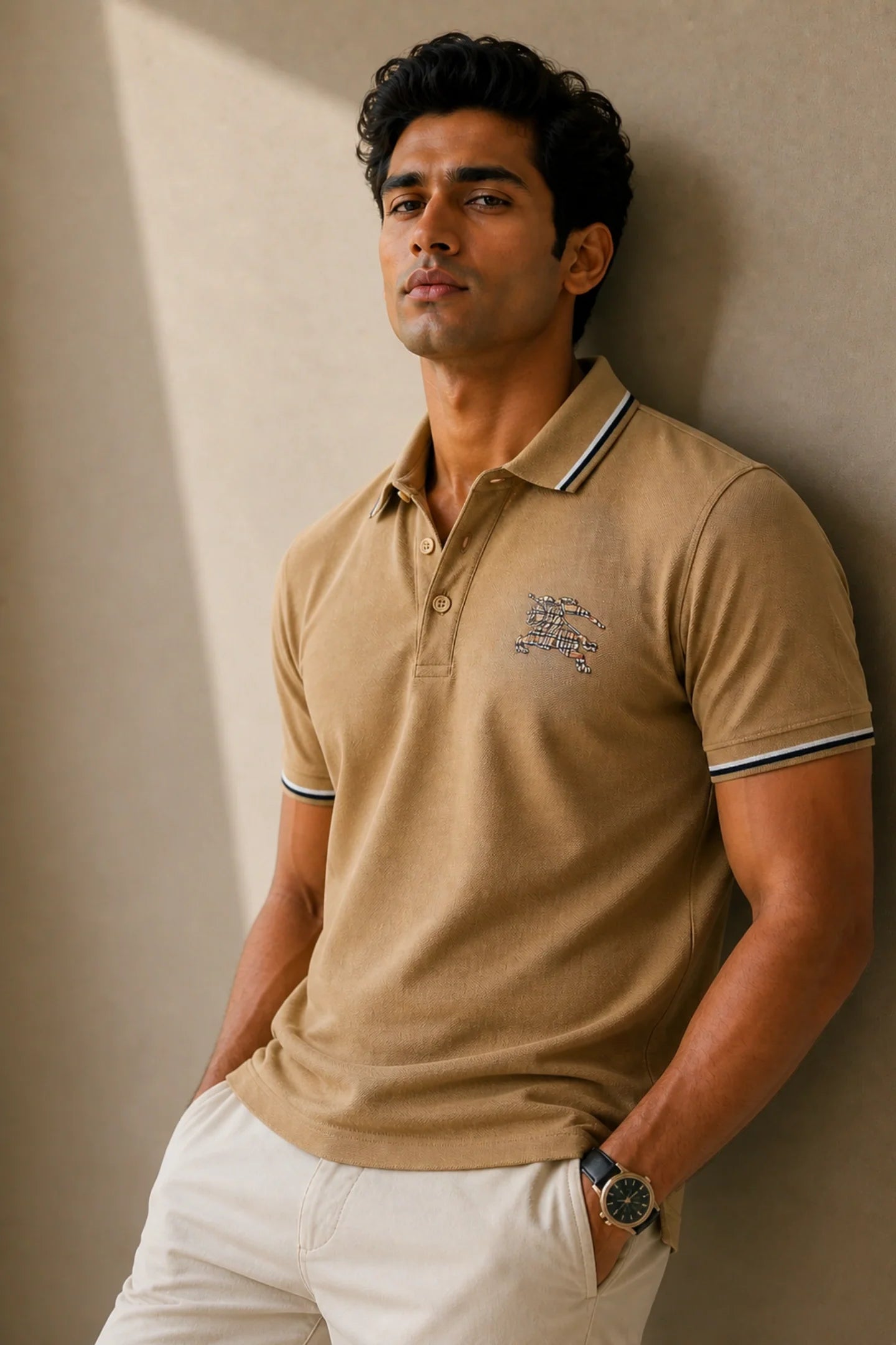 kapda kulture camel brown cotton polo t shirt for men front view