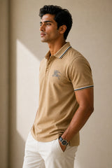 kapda kulture camel brown cotton polo t shirt for men front pose view