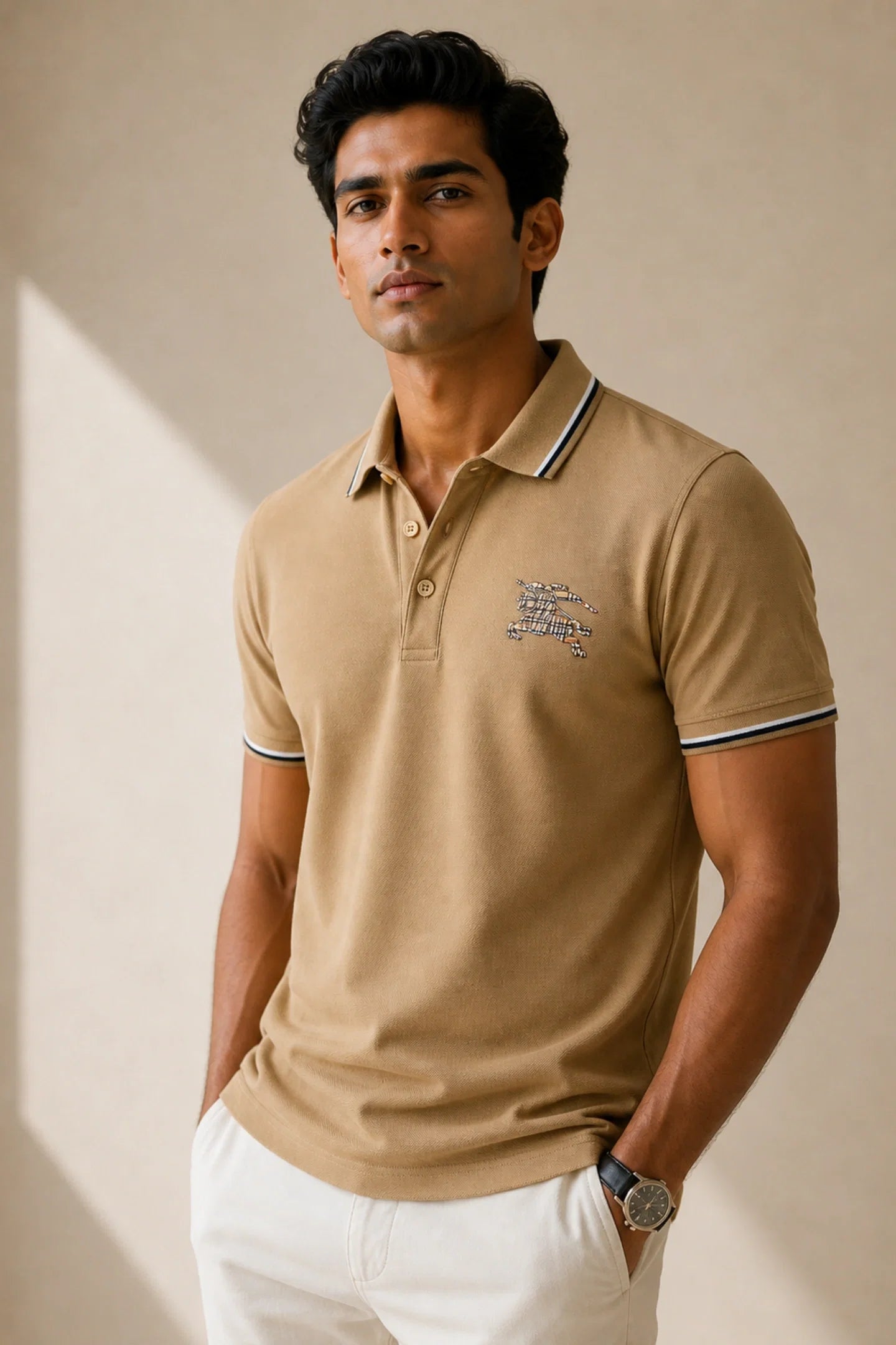 kapda kulture camel brown cotton polo t shirt for men side angled view
