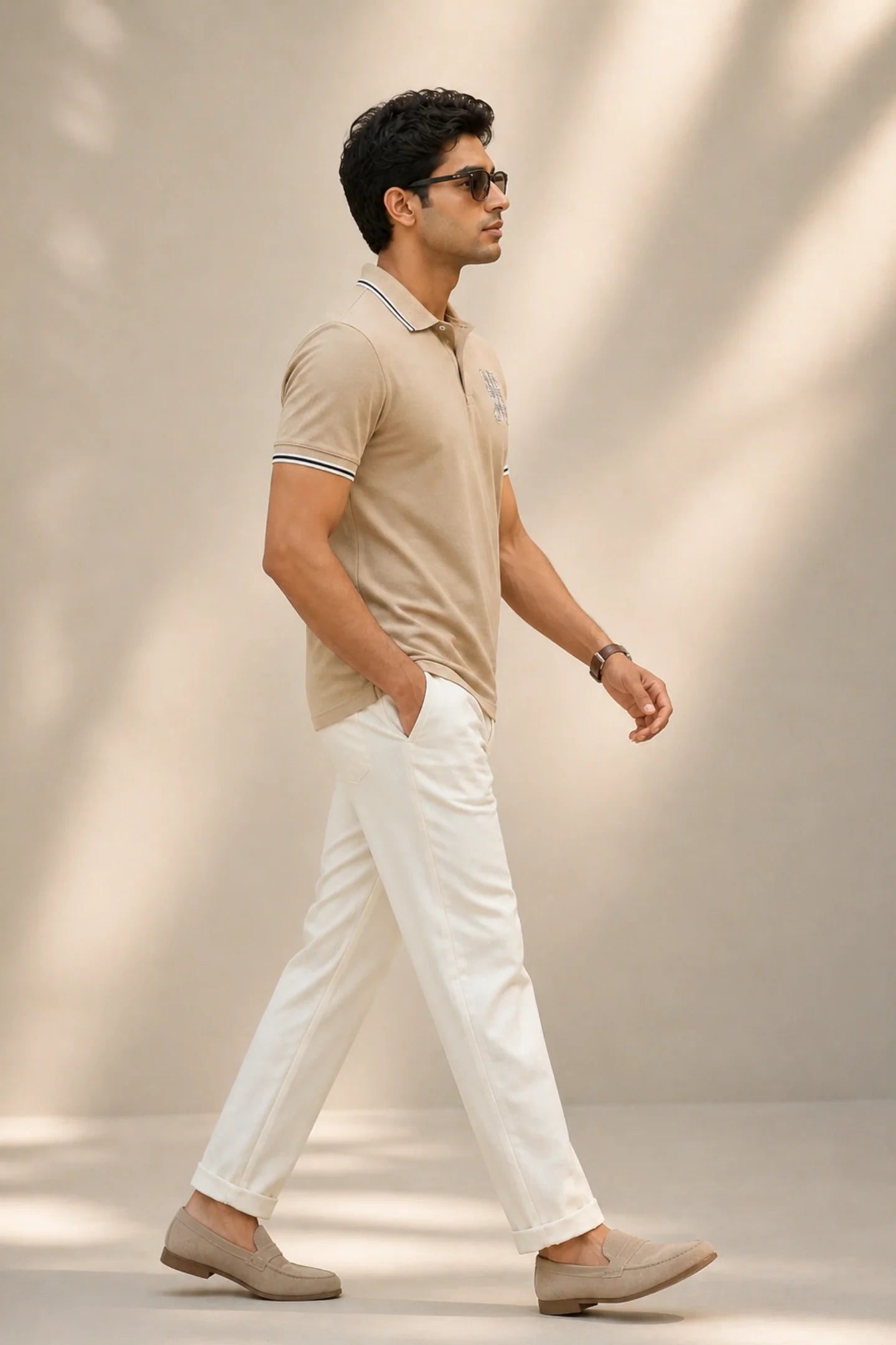 kapda kulture beige cotton polo t shirt for men side walking view