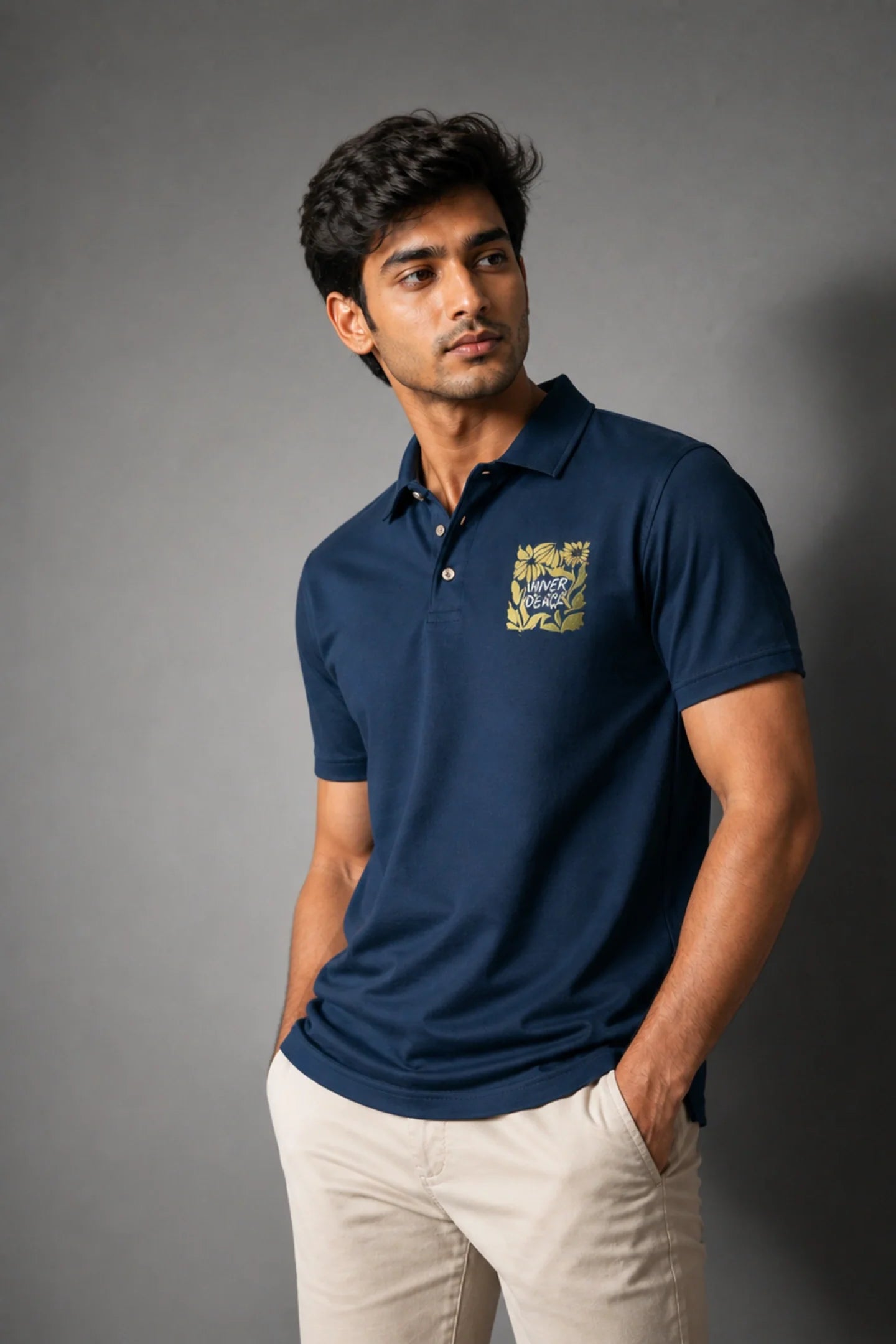 kapda kulture deep navy cotton polo t shirt for men front pose view