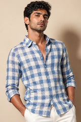 Sky Blue Check Linen Cotton Shirt for Men | Premium Check Shirt | Kapda Kulture