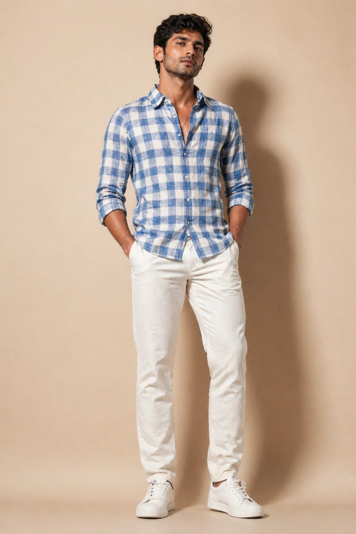 Sky Blue Check Linen Cotton Shirt for Men | Premium Check Shirt | Kapda Kulture