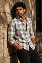 Ash Grey Check Linen Cotton Shirt for Men | Premium Casual Shirt | Kapda Kulture