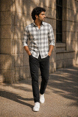Ash Grey Check Linen Cotton Shirt for Men | Premium Casual Shirt | Kapda Kulture