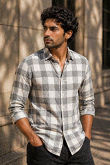 Ash Grey Check Linen Cotton Shirt for Men | Premium Casual Shirt | Kapda Kulture