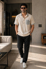 Sand Linen Contrast Pocket Shirt for Men | Premium Casual Shirt | Kapda Kulture