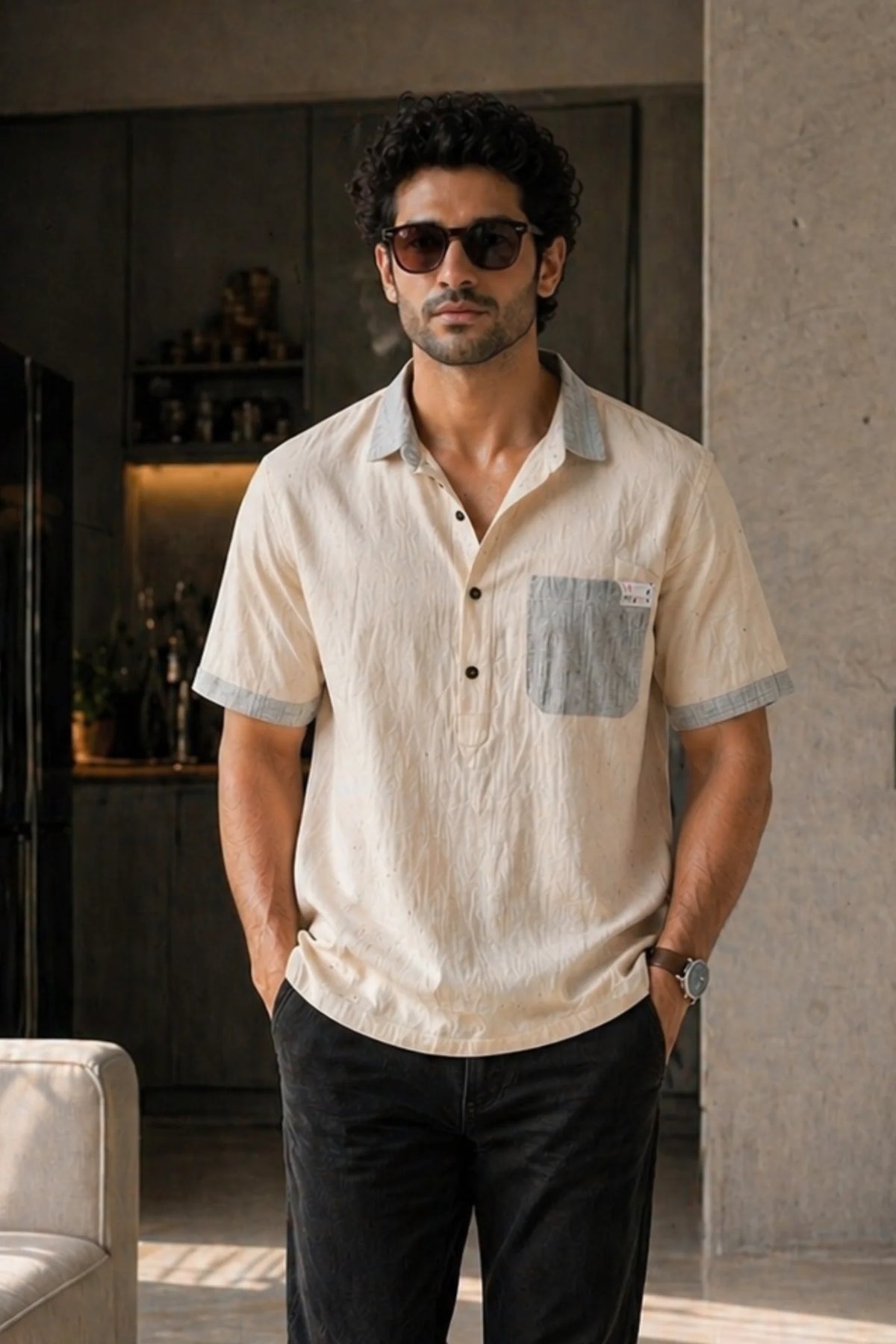 Sand Linen Contrast Pocket Shirt for Men | Premium Casual Shirt | Kapda Kulture