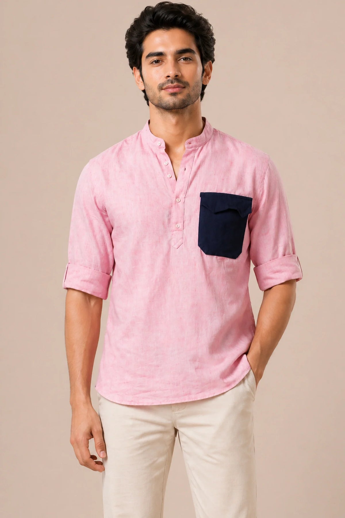 Blush Linen Cotton Pocket Kurta Shirt for Men | Premium Casual Kurta Shirt | Kapda Kulture