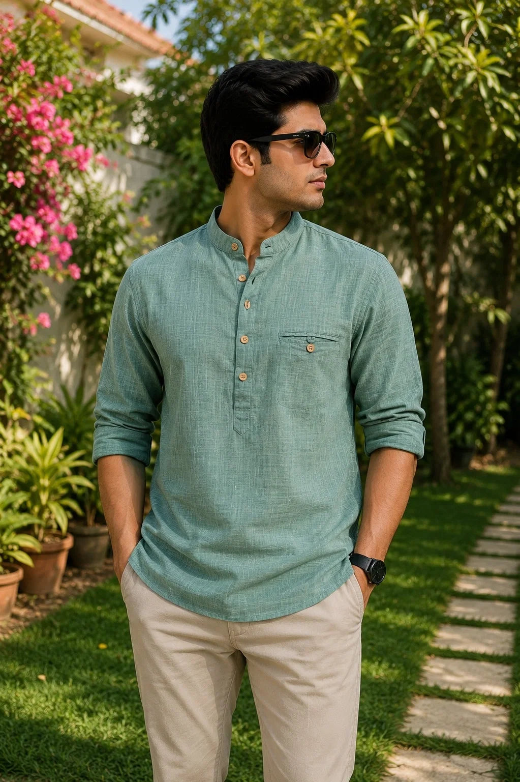 Classic Sage Green Plaid Linen Cotton Shirt for Men | Premium Casual Shirt | Kapda Kulture
