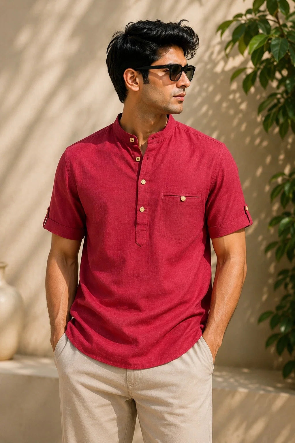 Classic Red Plaid Linen Cotton Shirt for Men | Premium Casual Shirt | Kapda Kulture