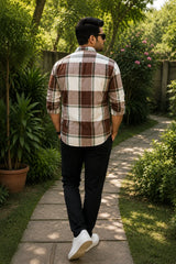 Brown & Beige Checkered Linen Cotton Shirt for Men | Premium Casual Shirt | Kapda Kulture
