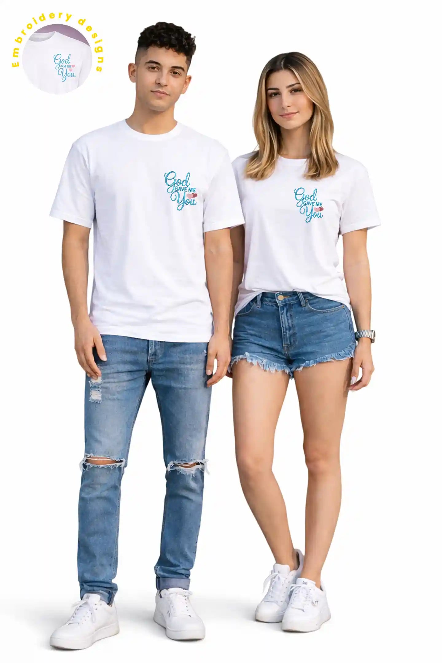 Matching couple wearing white oversized God gave me you t shirts Kapda Kulture India aesthetic outfit