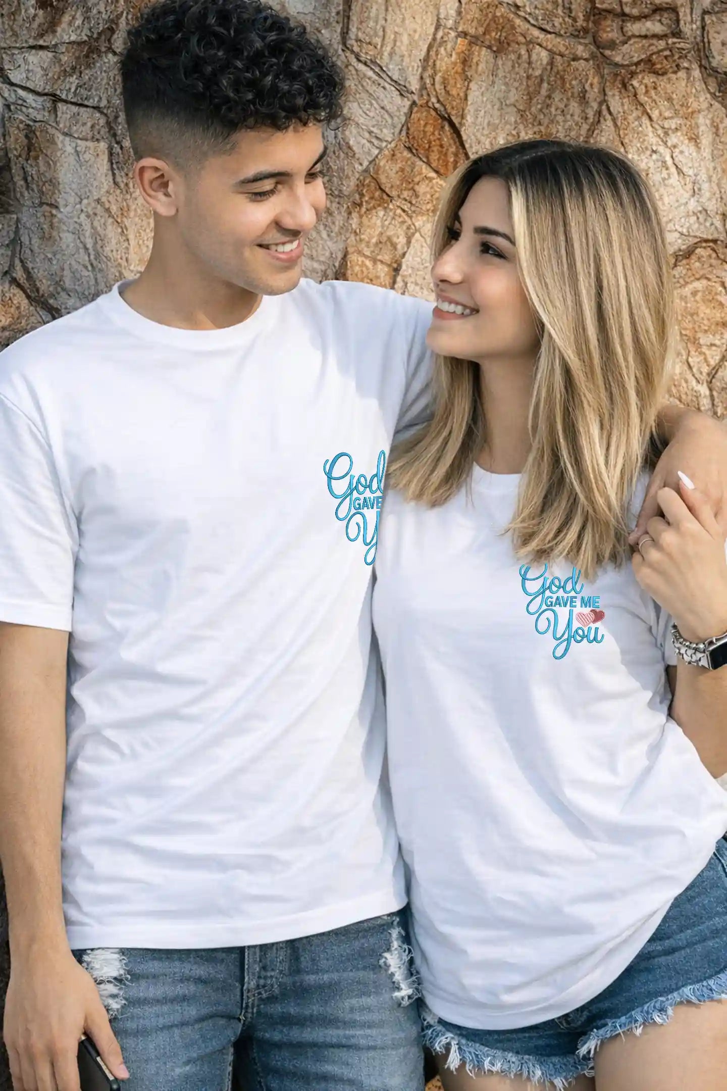 Matching white oversized couple t shirts God gave me you design Kapda Kulture India romantic outfit front view