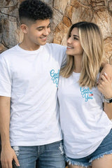 Matching white oversized couple t shirts God gave me you design Kapda Kulture India romantic outfit front view