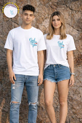 Couple wearing white oversized t shirts with God gave me you print Kapda Kulture India casual streetwear look