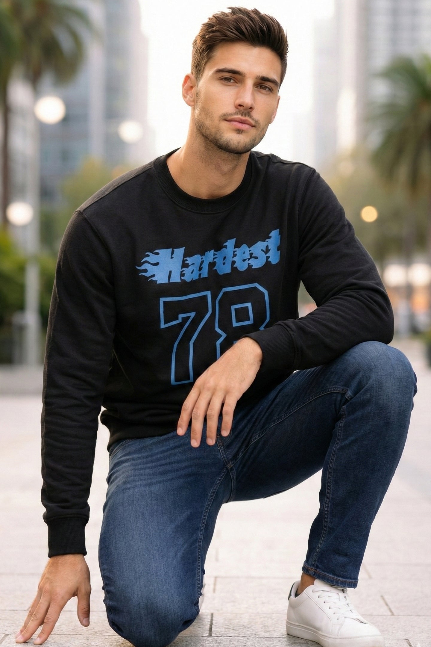 kapda kulture men wearing hardest 78 sweatshirt casual streetwear outfit look