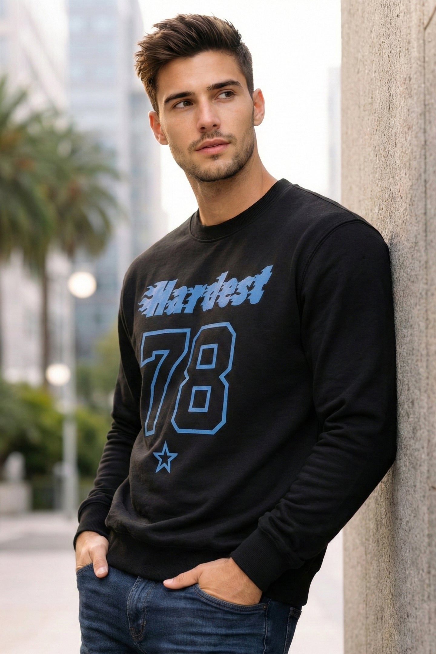 men wearing hardest 78 sweatshirt casual streetwear outfit look