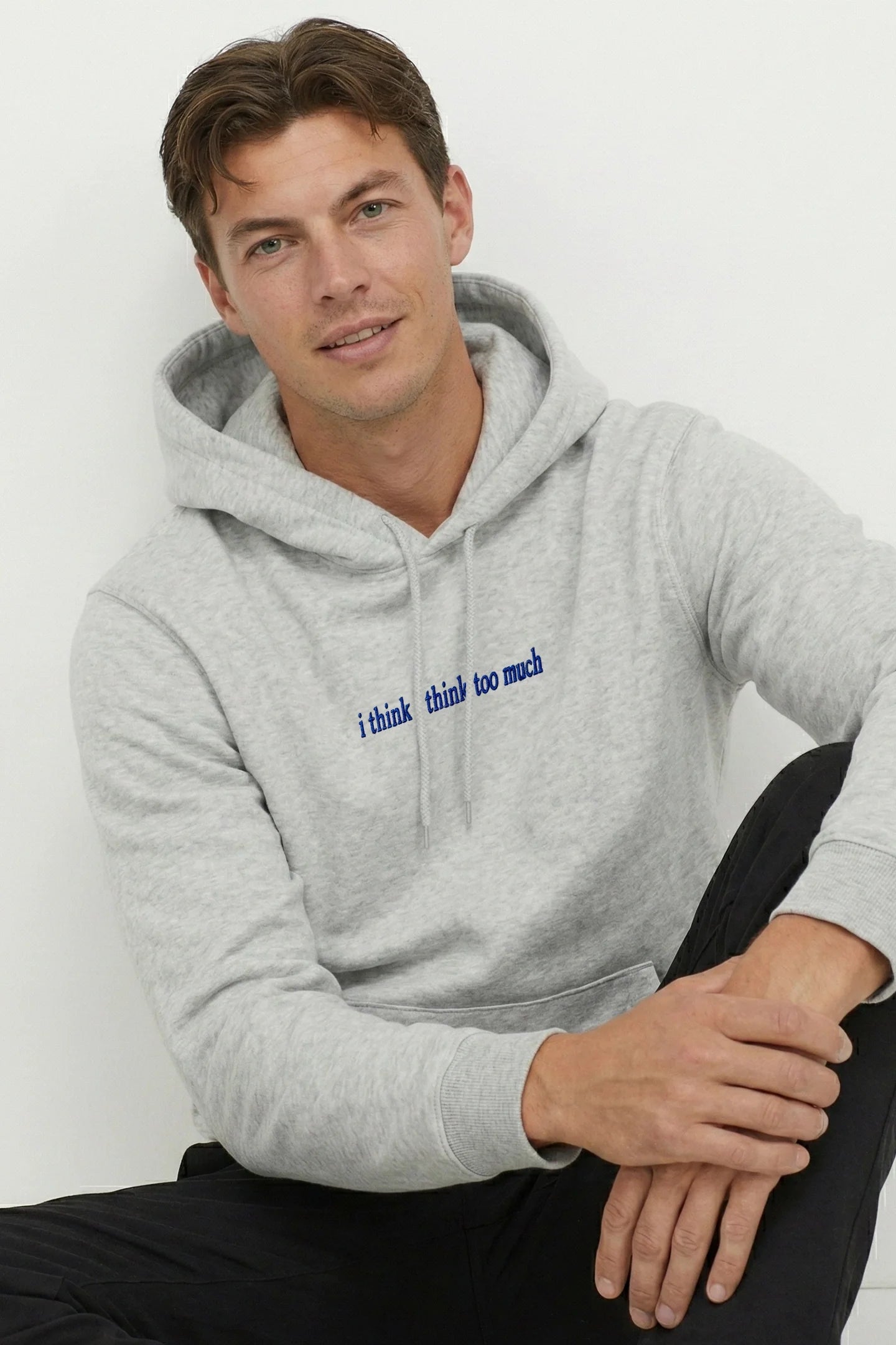 Kapda Kulture white hoodie for men India I Think I Think Too Much text design close-up