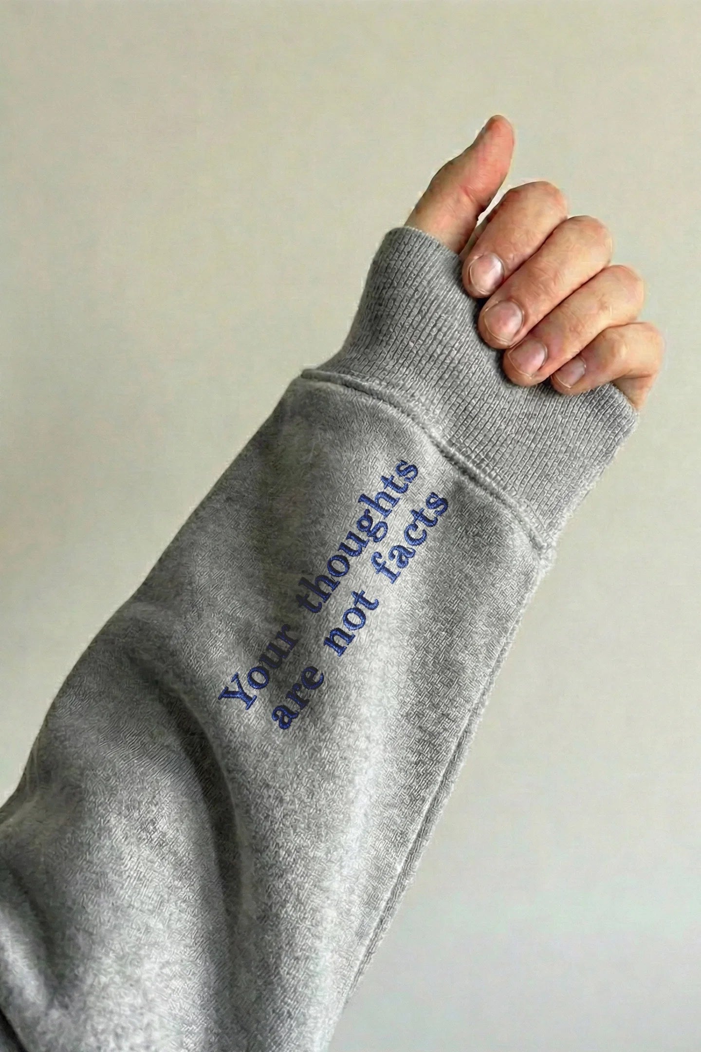 Kapda Kulture white hoodie for men India I Think I Think Too Much sleeve detail close-up