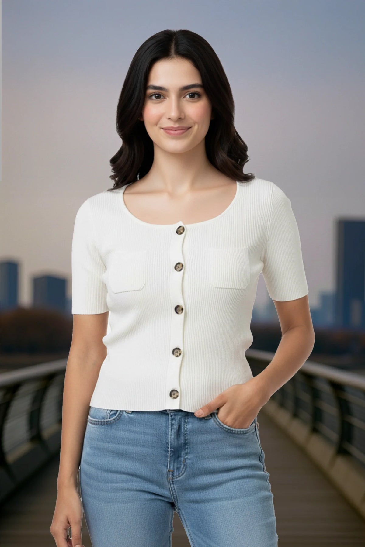 White Ribbed Button Top for Women