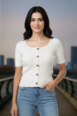 White Ribbed Button Top for Women