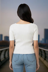 White Ribbed Button Top for Women