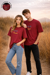 Couple wearing maroon oversized t shirts you are my person print Kapda Kulture India casual streetwear look