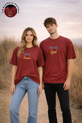 Matching maroon oversized couple t shirts you are my person design Kapda Kulture India front view men and women