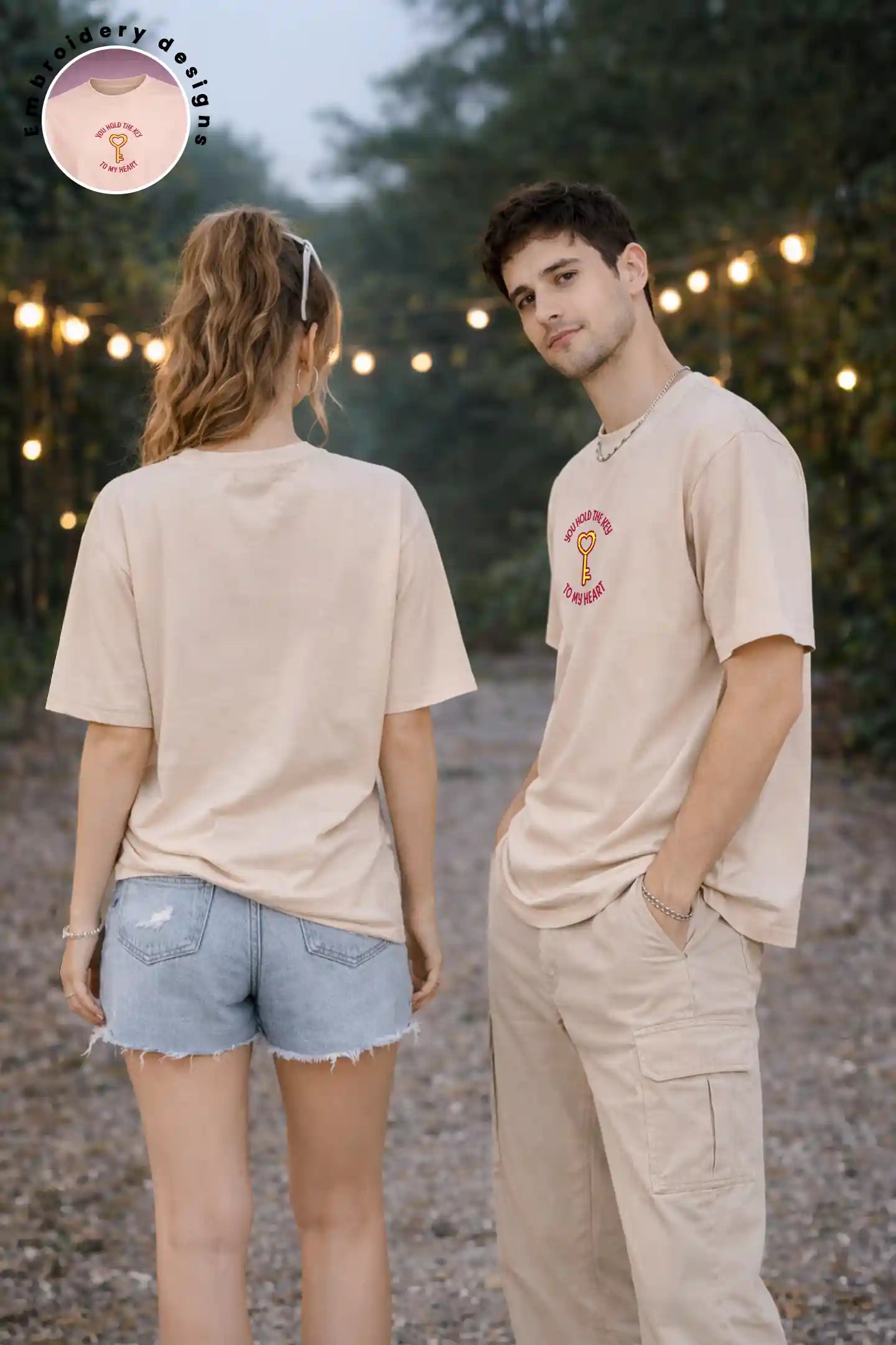 Matching beige oversized couple t shirts you hold the key design Kapda Kulture India front view men and women
