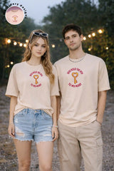 Couple wearing beige oversized t shirts you hold the key print Kapda Kulture India casual streetwear look